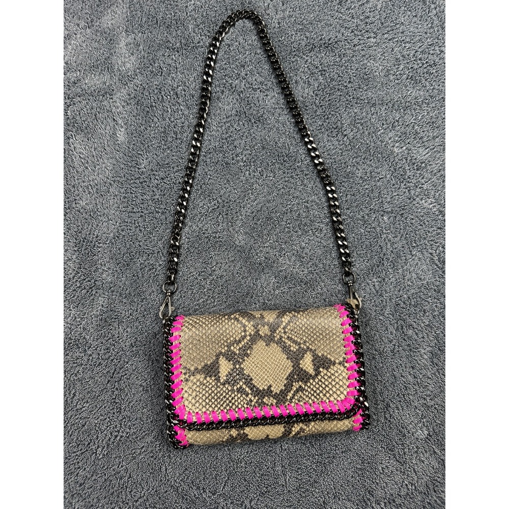 Vera Pelle Made in Italy Snakeskin Leather Crossbody Bag Neon Pink Trim Gunmetal